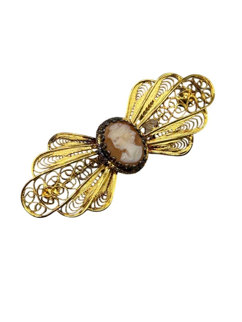 Vintage Genuine Cameo Pin Brooch Filigree Style Gold Tone Metal Made In Italy